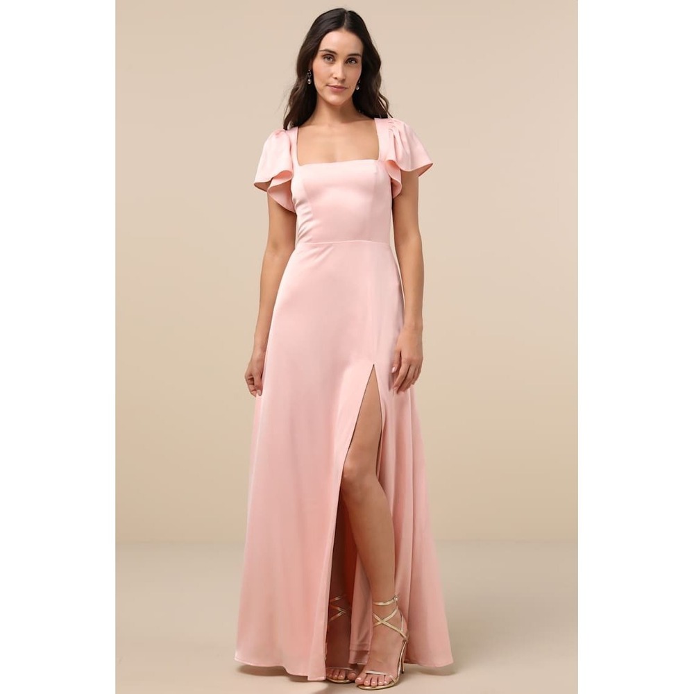Lulus Always Celebrating Blush Pink Satin Flutter Sleeve Maxi Dress Size M